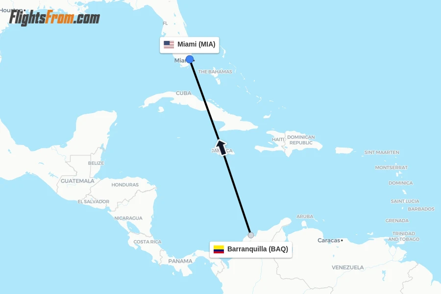 Flights from Barranquilla to Miami route map