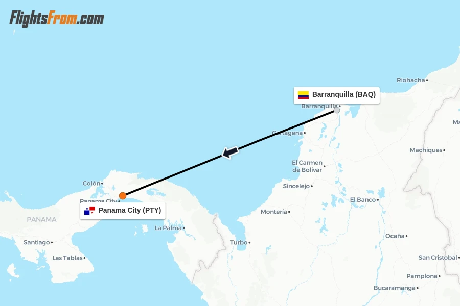 Flights from Barranquilla to Panama City route map