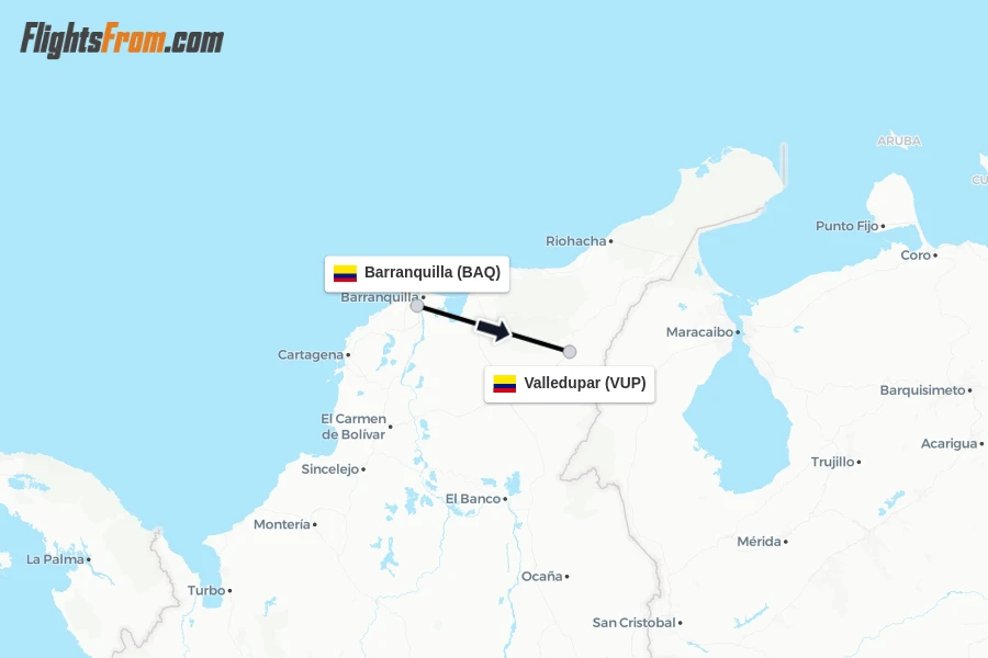 Flights from Barranquilla to Valledupar route map