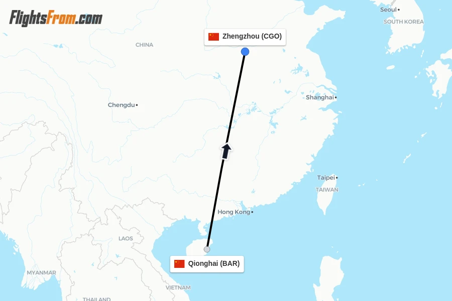 Flights from Qionghai to Zhengzhou route map