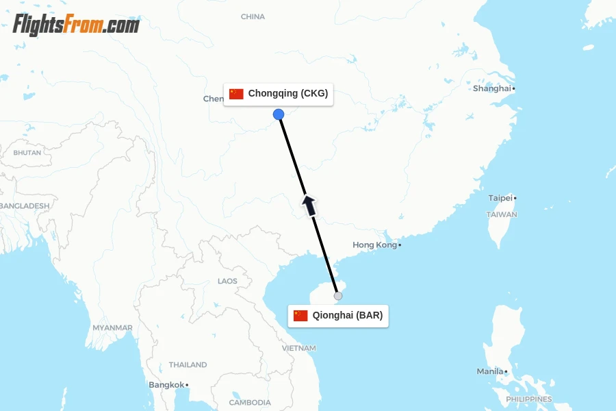 Flights from Qionghai to Chongqing route map