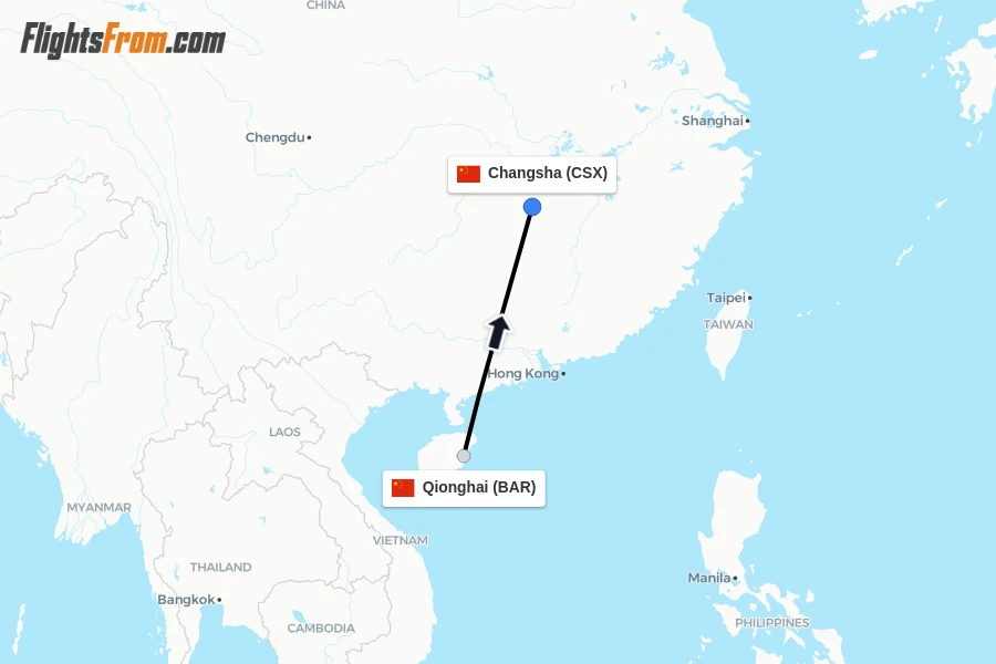 Flights from Qionghai to Changsha route map
