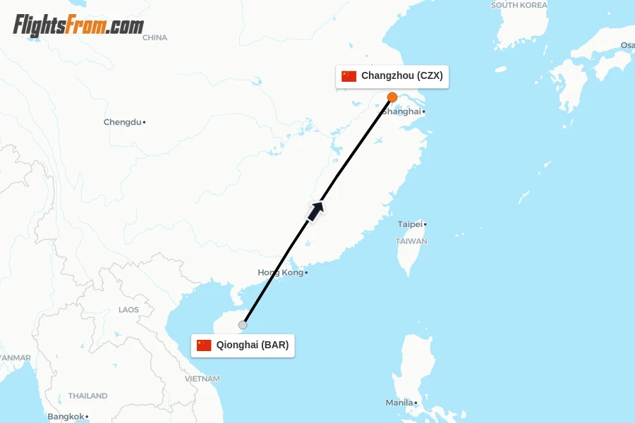 Flights from Qionghai to Changzhou route map