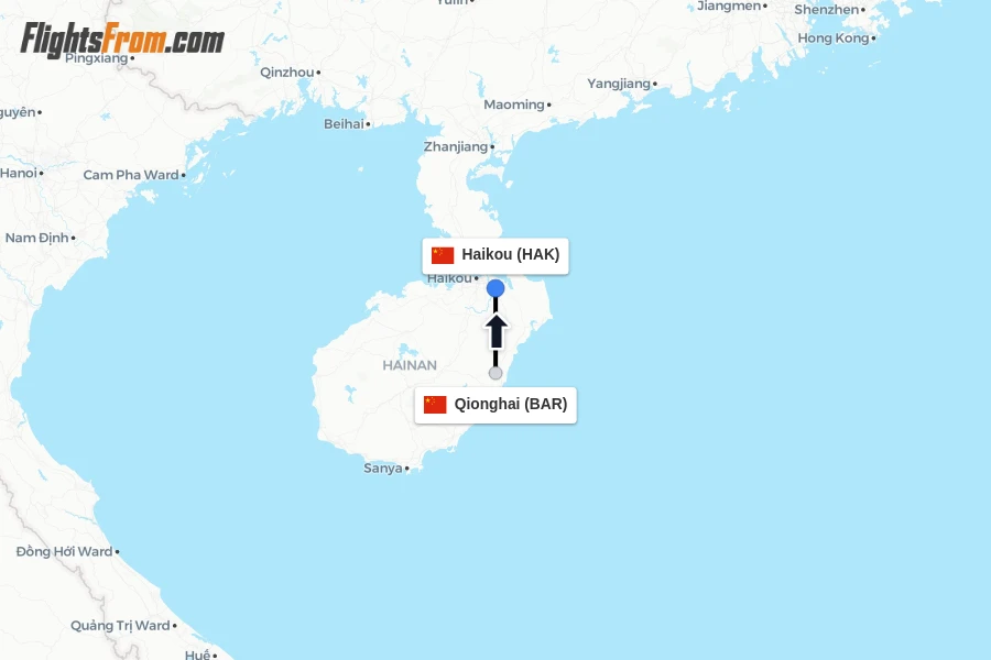Flights from Qionghai to Haikou route map