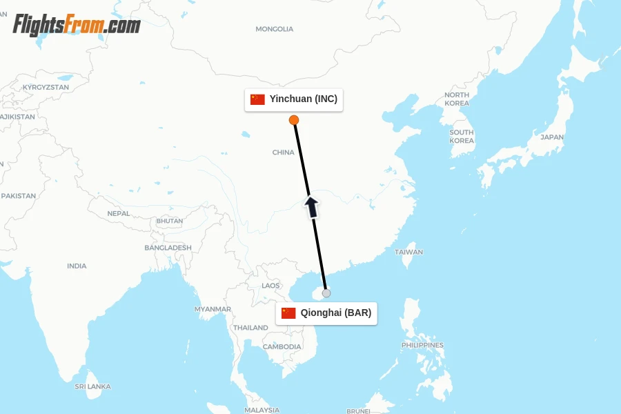 Flights from Qionghai to Yinchuan route map