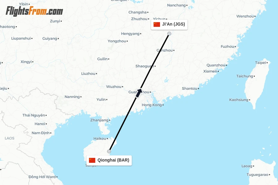 Flights from Qionghai to Ji'An route map
