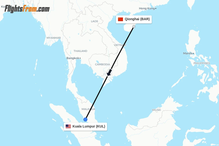 Flights from Qionghai to Kuala Lumpur route map