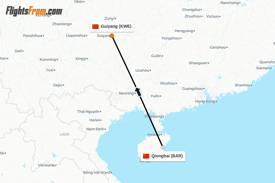 Flights from Qionghai to Guiyang route map