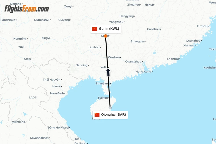 Flights from Qionghai to Guilin route map