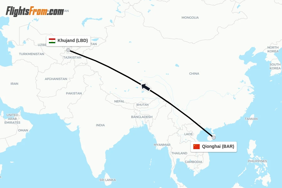 Flights from Qionghai to Khujand route map