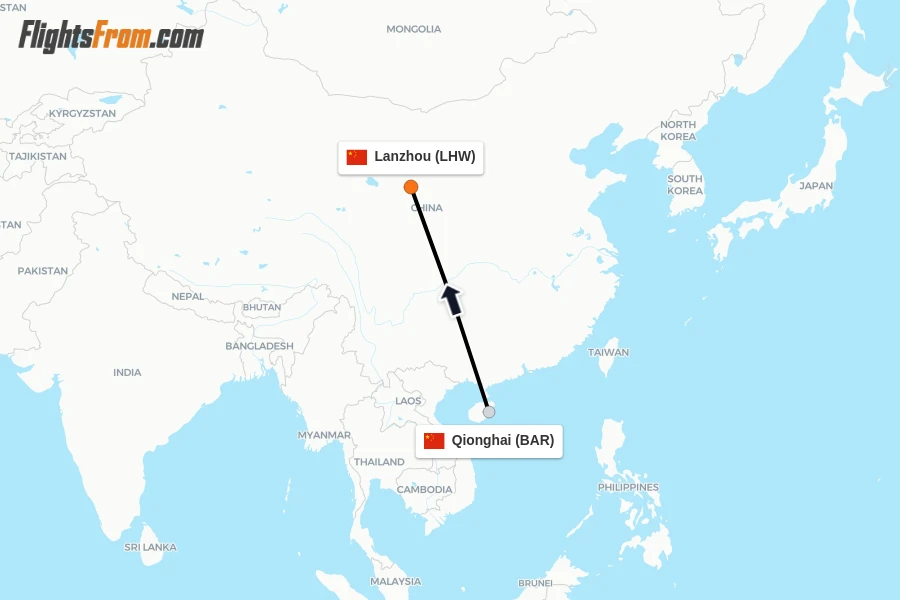 Flights from Qionghai to Lanzhou route map