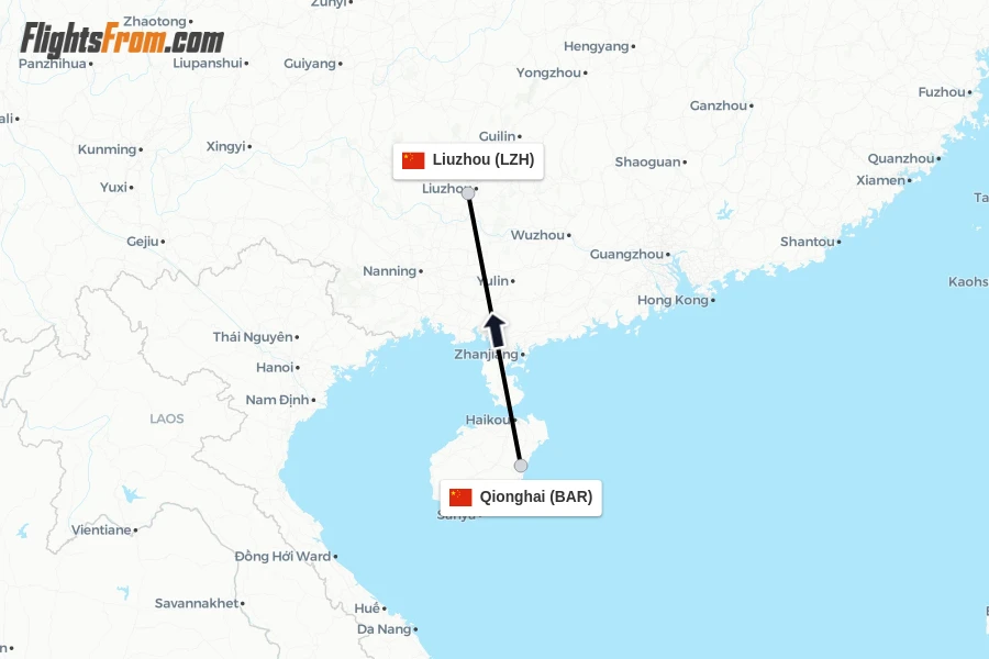 Flights from Qionghai to Liuzhou route map