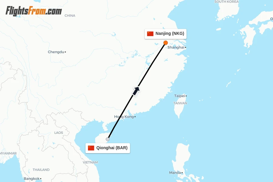 Flights from Qionghai to Nanjing route map