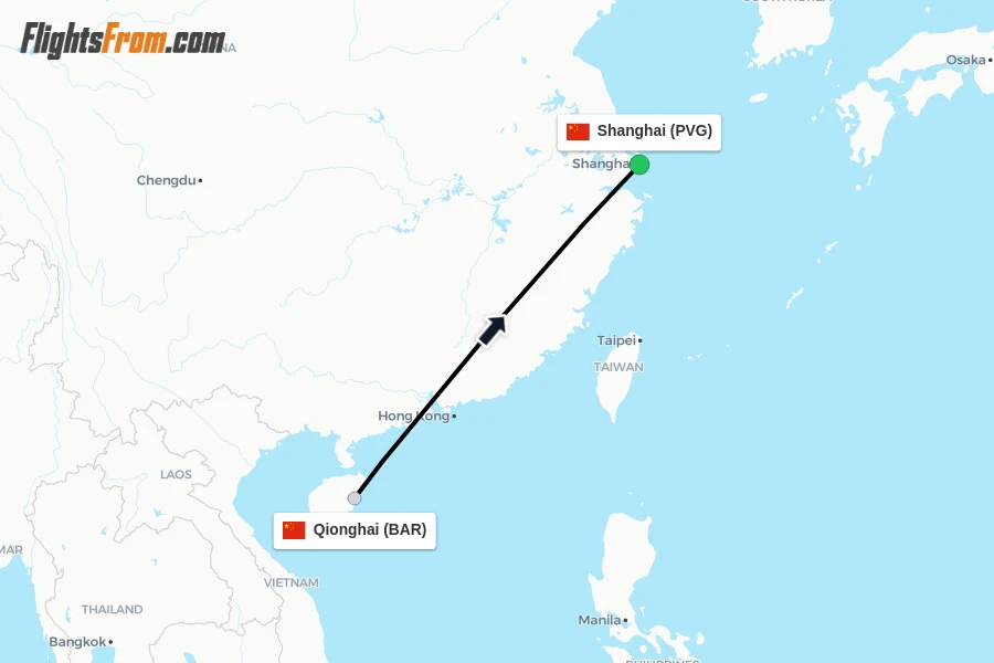 Flights from Qionghai to Shanghai route map