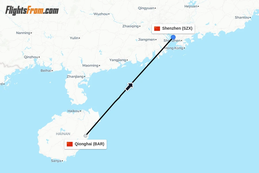 Flights from Qionghai to Shenzhen route map