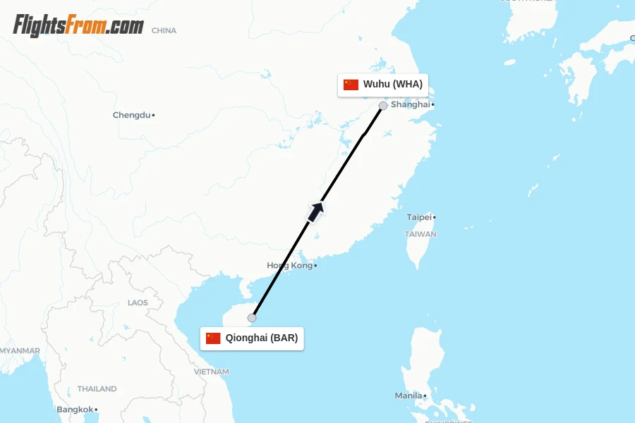 Flights from Qionghai to Wuhu route map