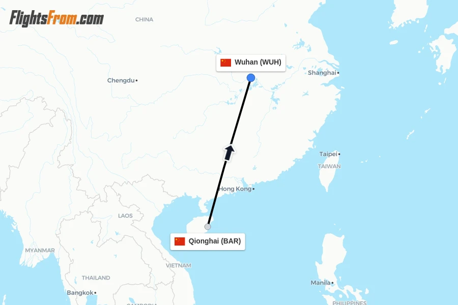 Flights from Qionghai to Wuhan route map