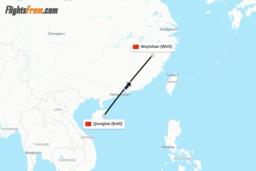 Flights from Qionghai to Wuyishan route map