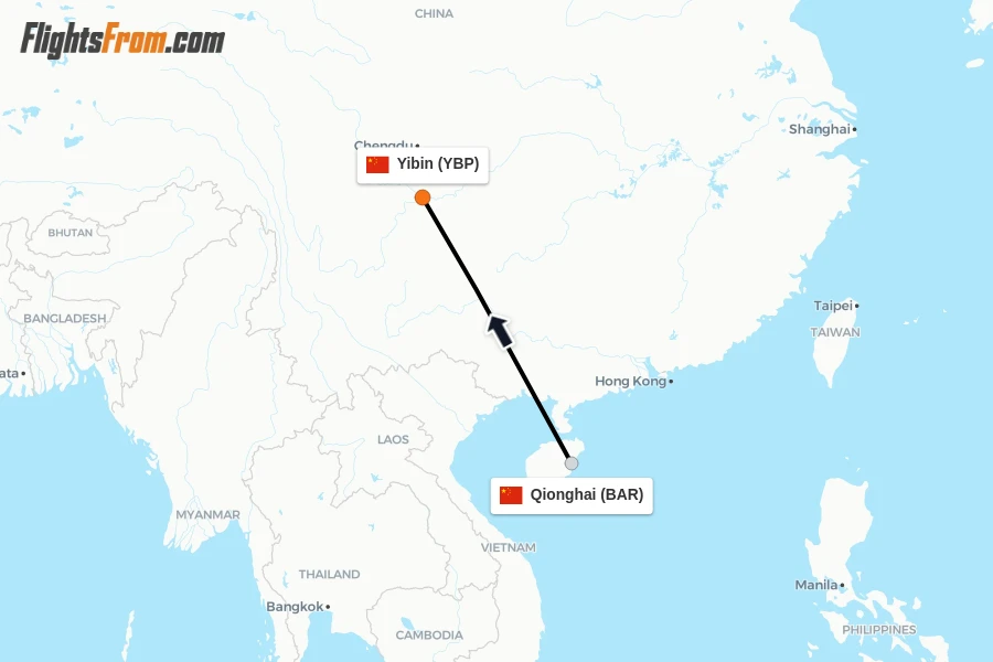 Flights from Qionghai to Yibin route map