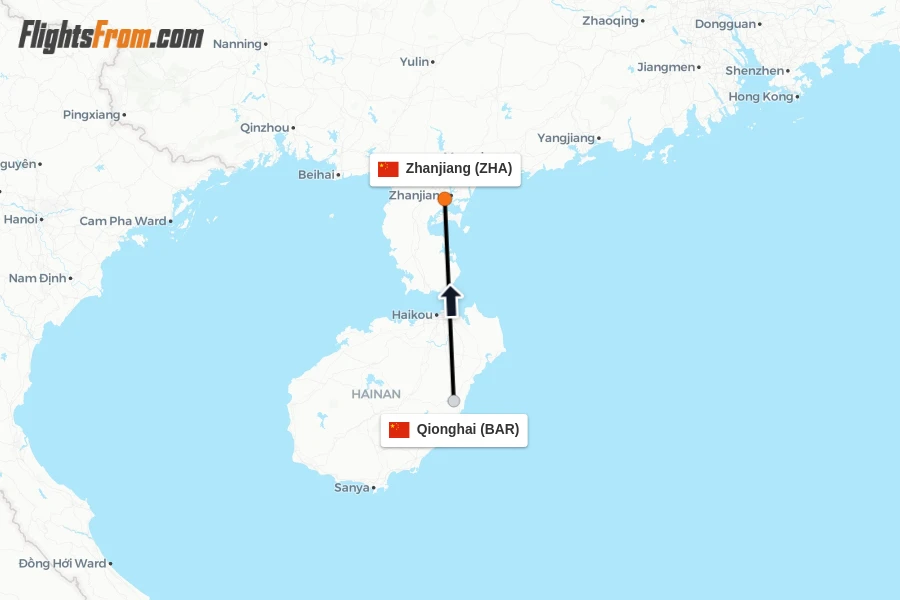 Flights from Qionghai to Zhanjiang route map