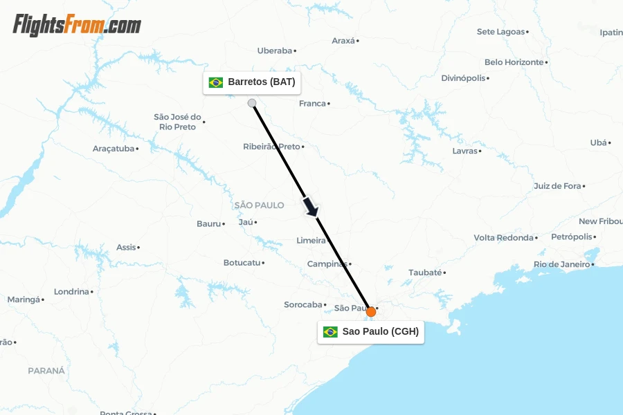 Flights from Barretos to Sao Paulo route map