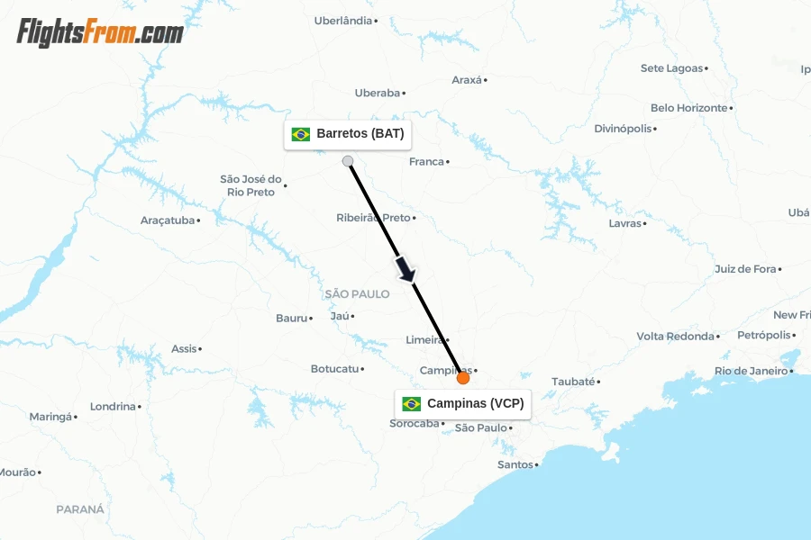 Flights from Barretos to Campinas route map