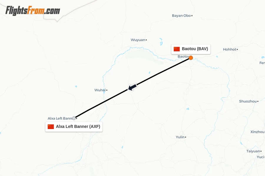 Flights from Baotou to Alxa Left Banner route map