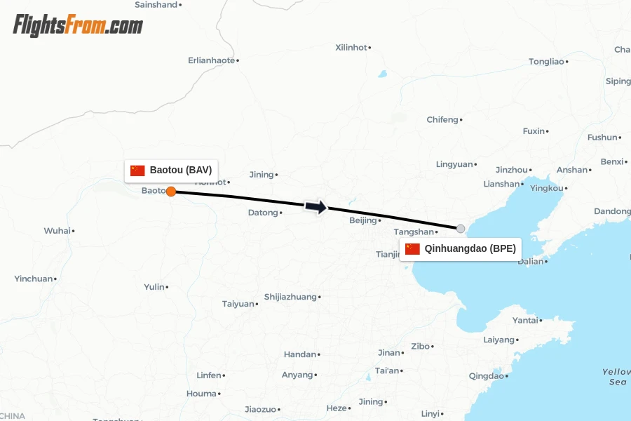 Flights from Baotou to Qinhuangdao route map