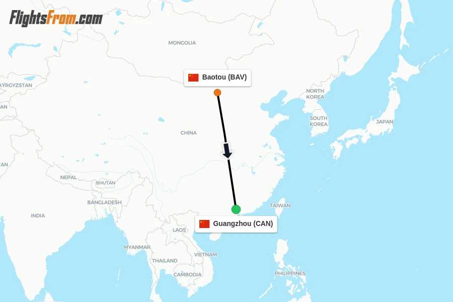 Flights from Baotou to Guangzhou route map