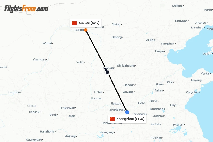 Flights from Baotou to Zhengzhou route map