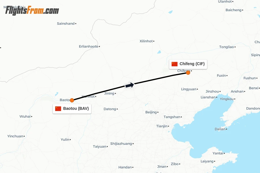 Flights from Baotou to Chifeng route map