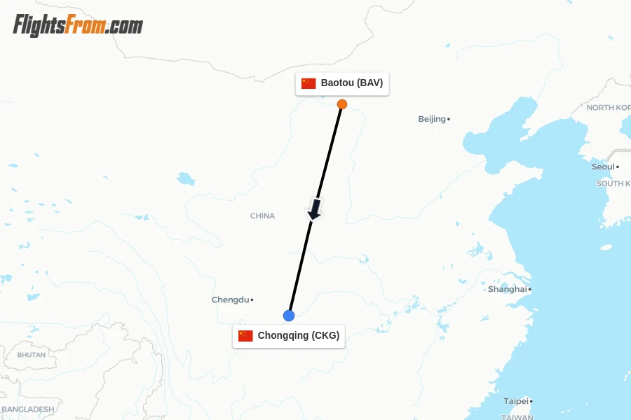 Flights from Baotou to Chongqing route map