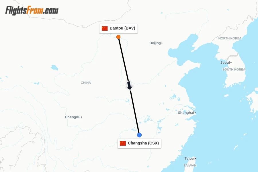Flights from Baotou to Changsha route map