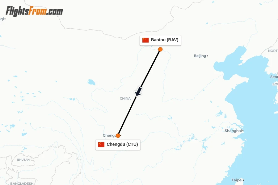 Flights from Baotou to Chengdu route map
