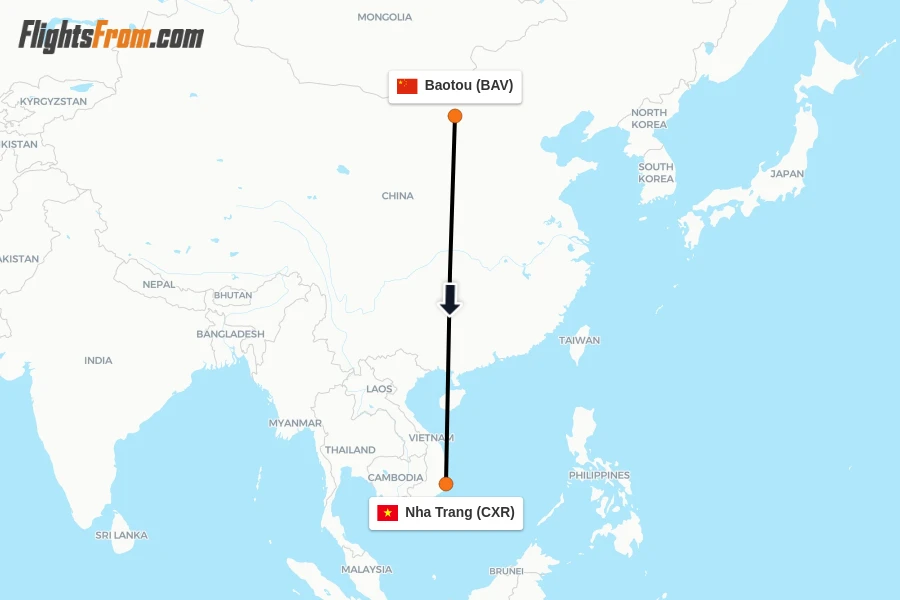 Flights from Baotou to Nha Trang route map
