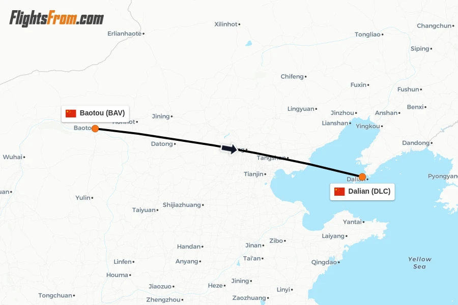 Flights from Baotou to Dalian route map