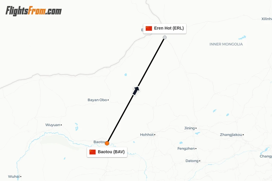 Flights from Baotou to Eren Hot route map