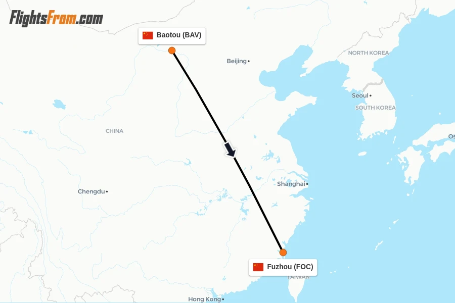 Flights from Baotou to Fuzhou route map