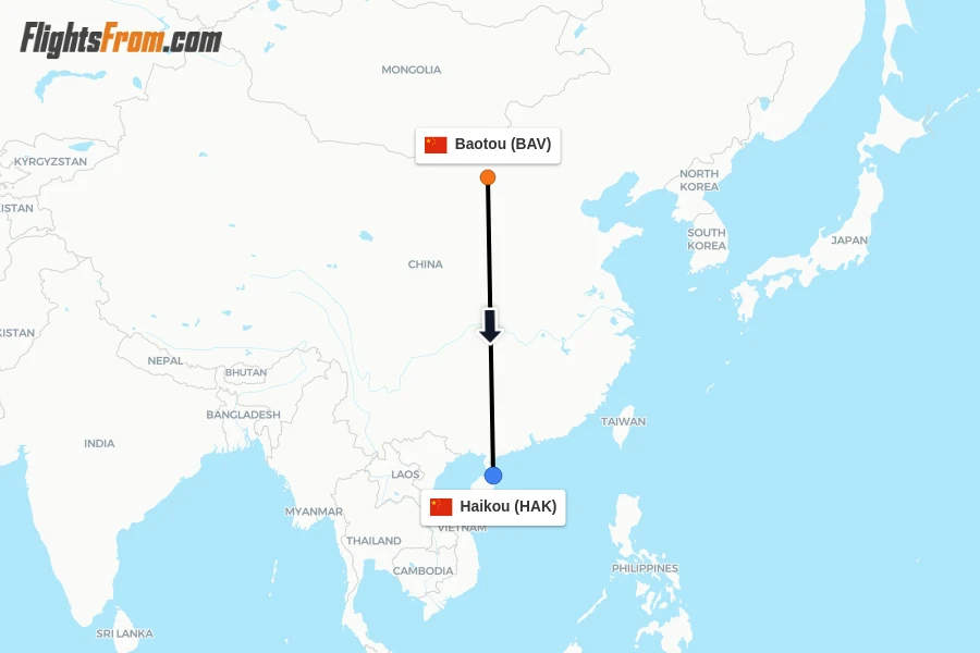 Flights from Baotou to Haikou route map