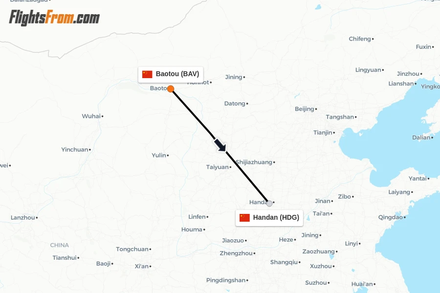 Flights from Baotou to Handan route map