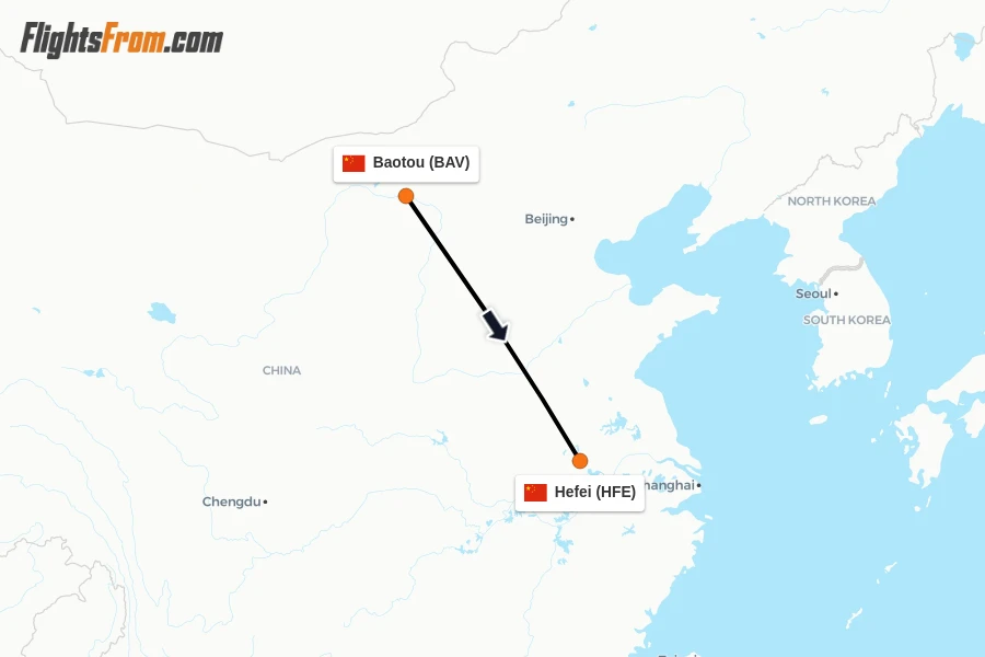Flights from Baotou to Hefei route map