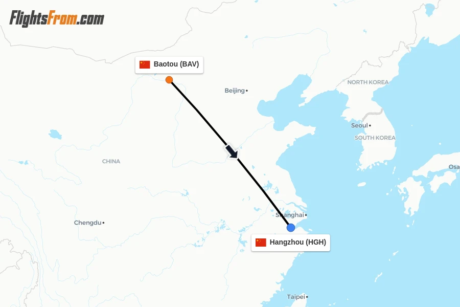 Flights from Baotou to Hangzhou route map