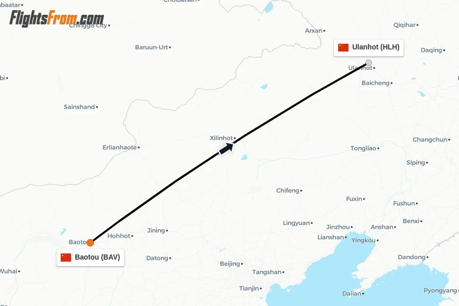 Flights from Baotou to Ulanhot route map