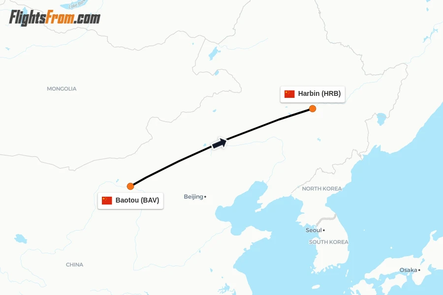 Flights from Baotou to Harbin route map