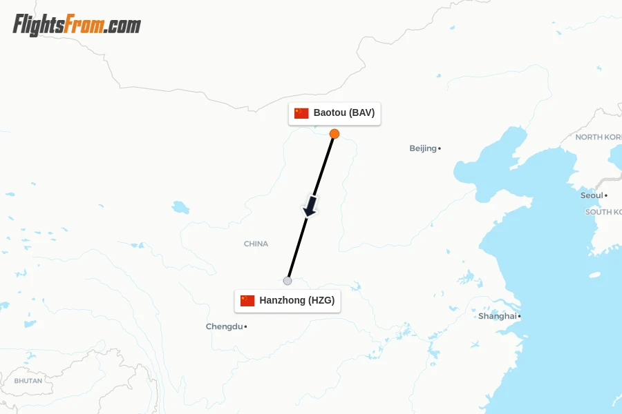 Flights from Baotou to Hanzhong route map