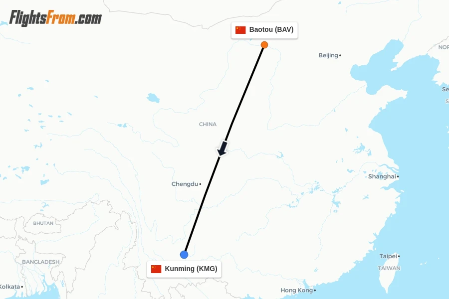 Flights from Baotou to Kunming route map