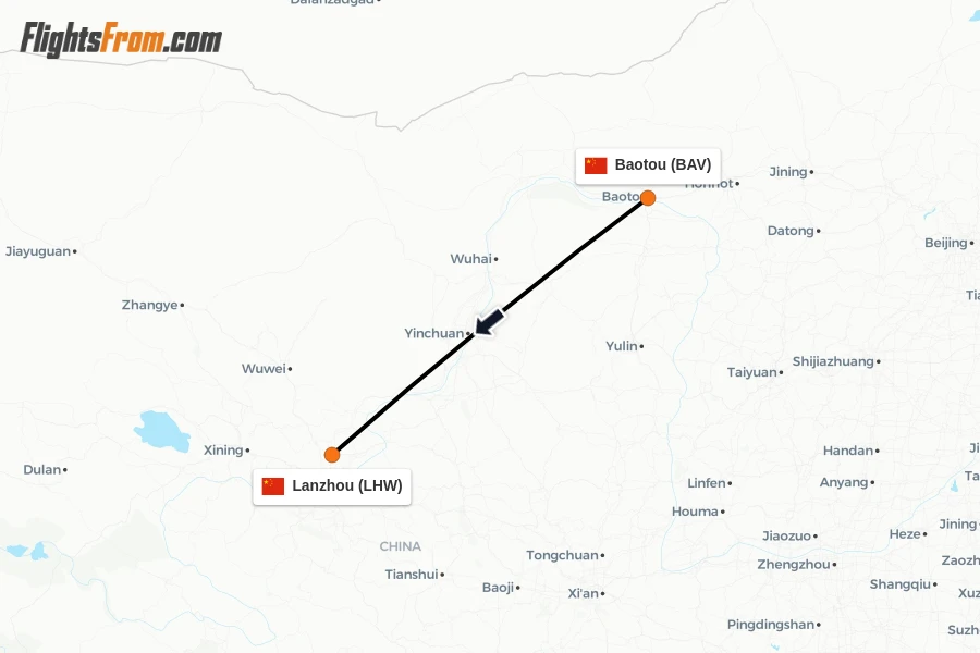 Flights from Baotou to Lanzhou route map
