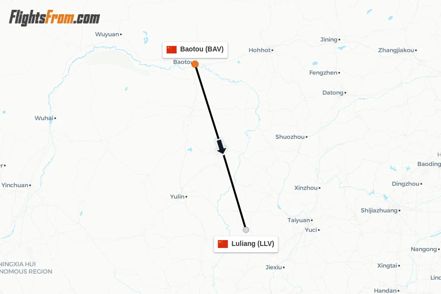 Flights from Baotou to Luliang route map