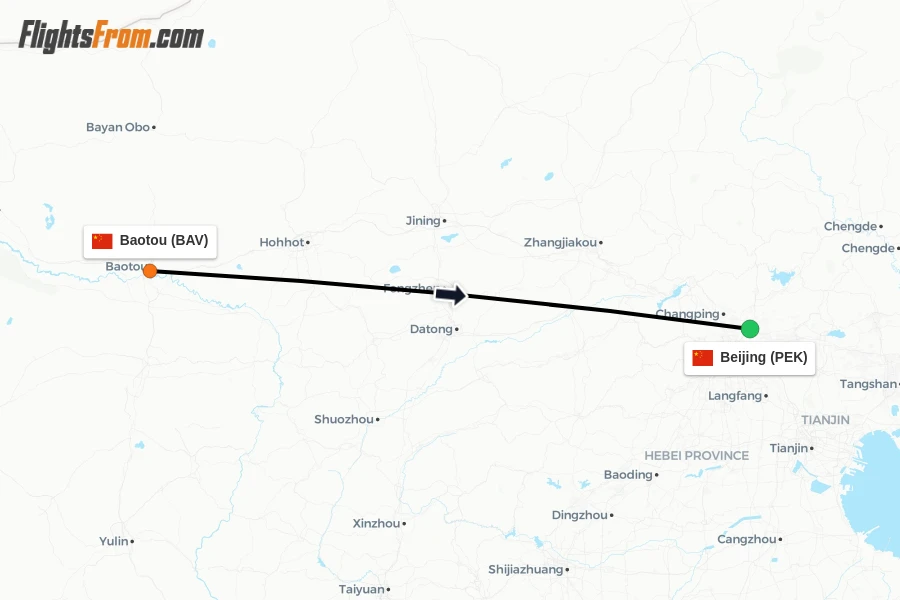Flights from Baotou to Beijing route map