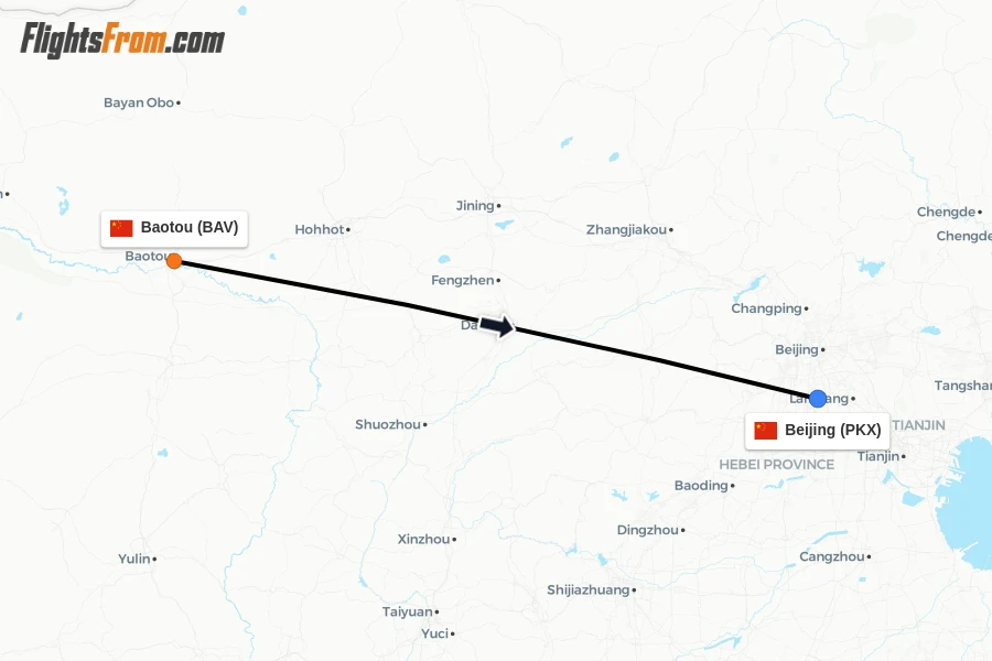 Flights from Baotou to Beijing route map